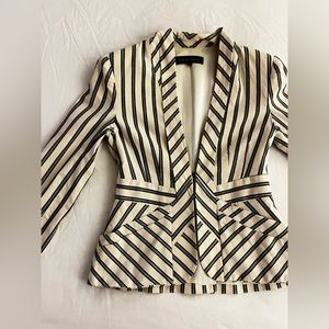 Cream and Blue Striped Fitted Eyelet Blazer Jacket